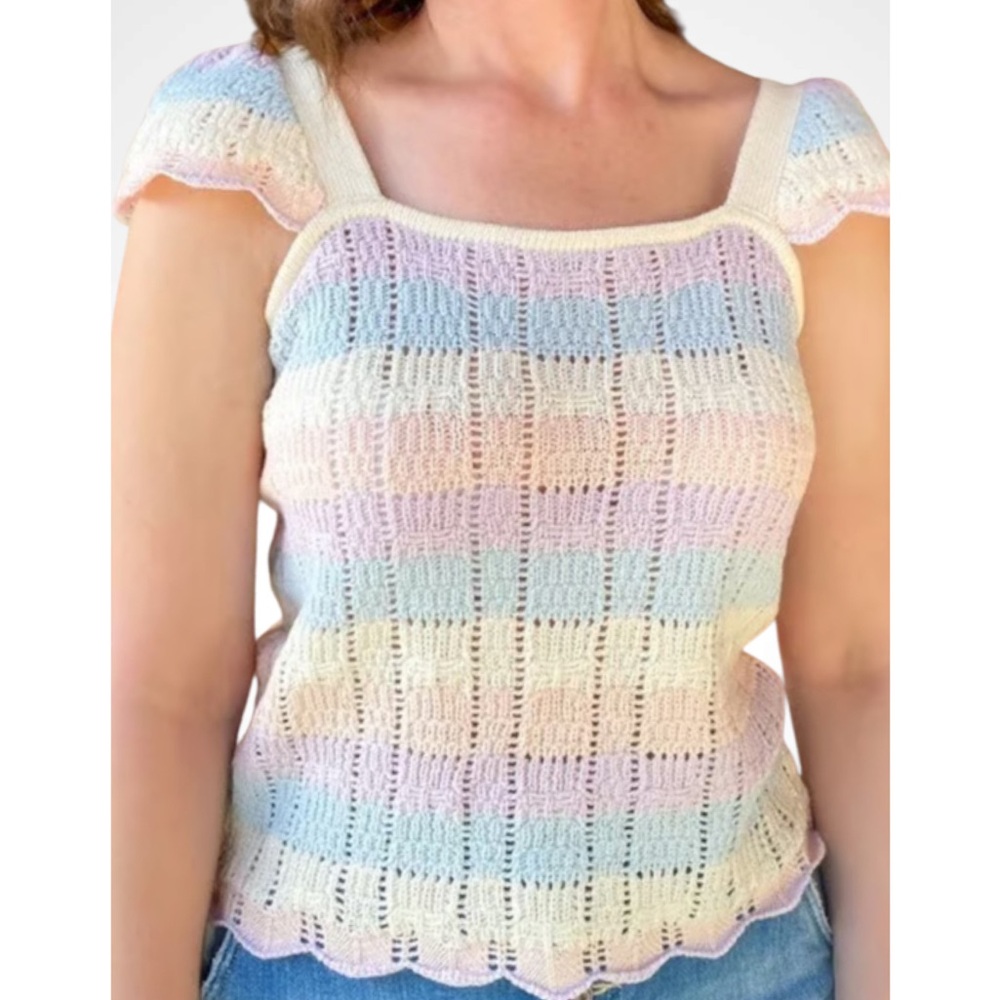 ANDREE BY UNIT Pastel Striped Knit Sweater Crochet Tank Ruffle Cap Sleeve Top S